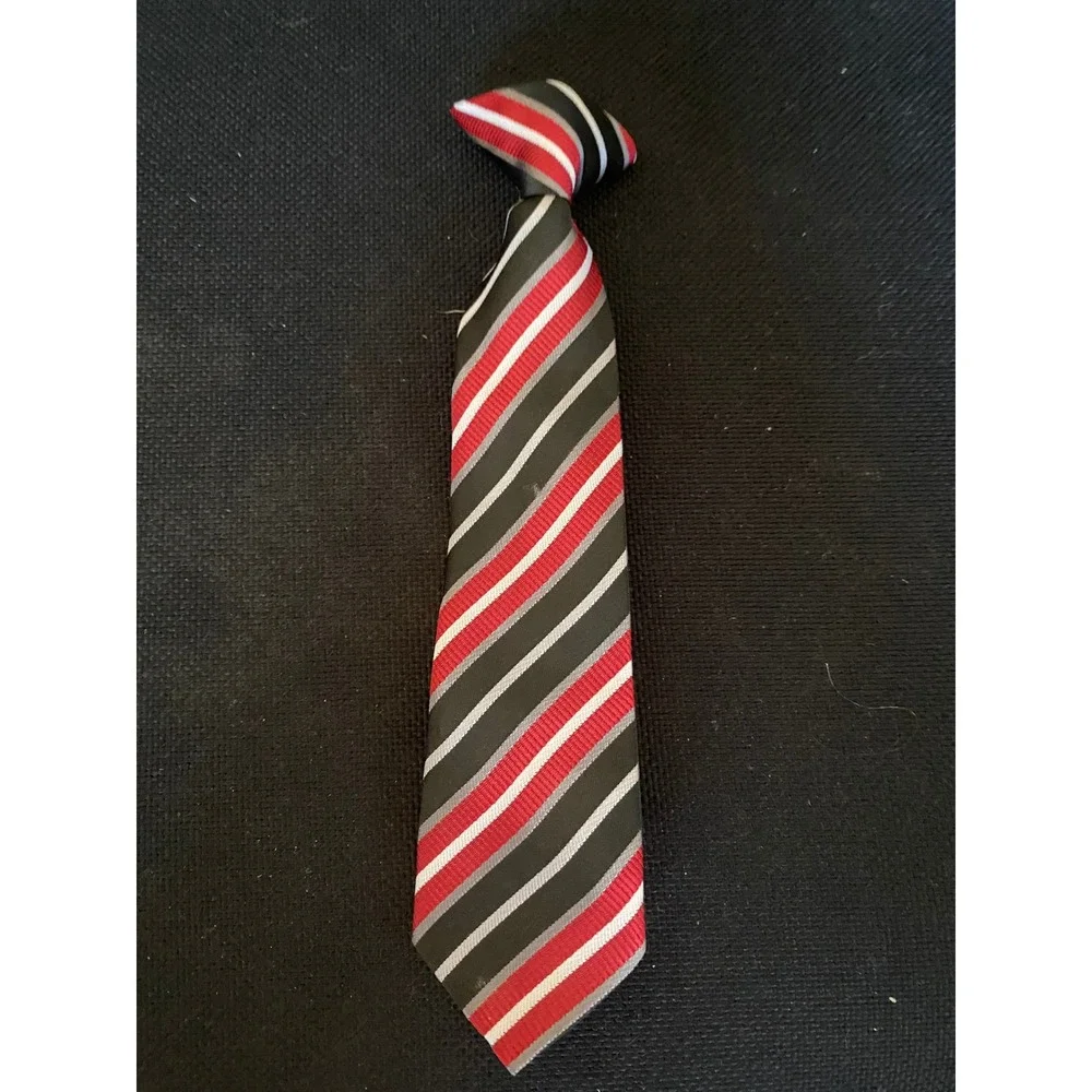 Boys Red Black Grey Striped Clip-On Necktie Formal Dress 100% Polyester